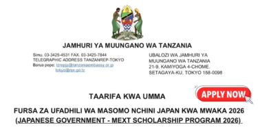 2026 MEXT Japanese Government Scholarship for Tanzanian Students