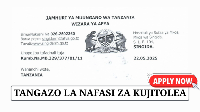 Singida Regional Hospital Volunteer Nursing Vacancies May 2025