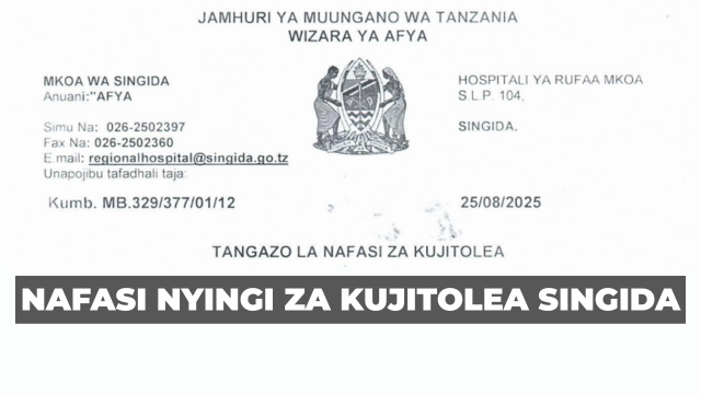 Singida Regional Referral Hospital Volunteer Vacancies 2025